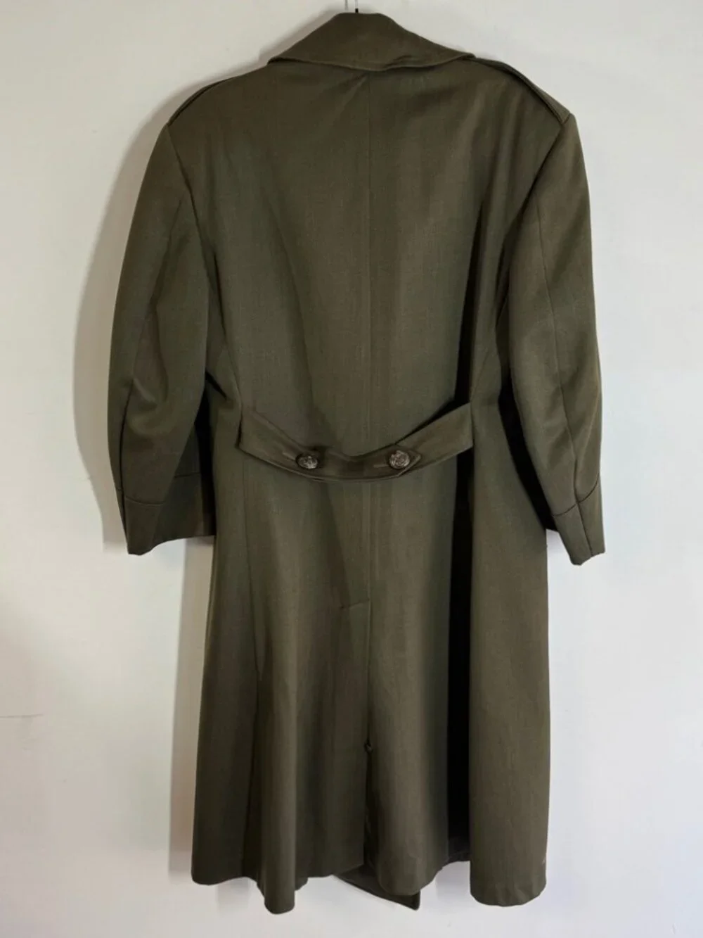 Vintage Mens 60s 70s Military Trench Olive Green Long Coat Double Breasted Wool